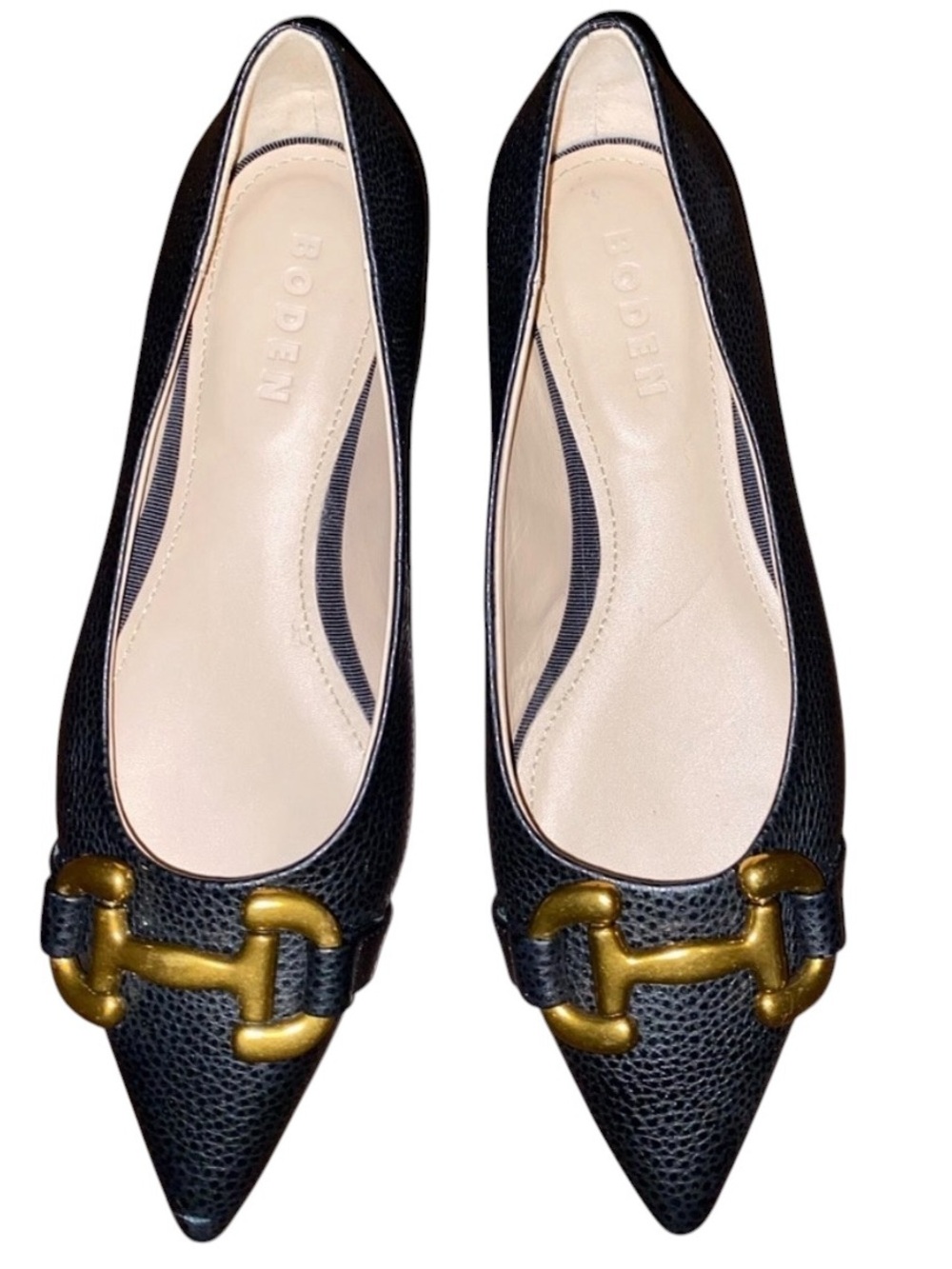 Boden Black Flats Pebble Leather with Gold Detail